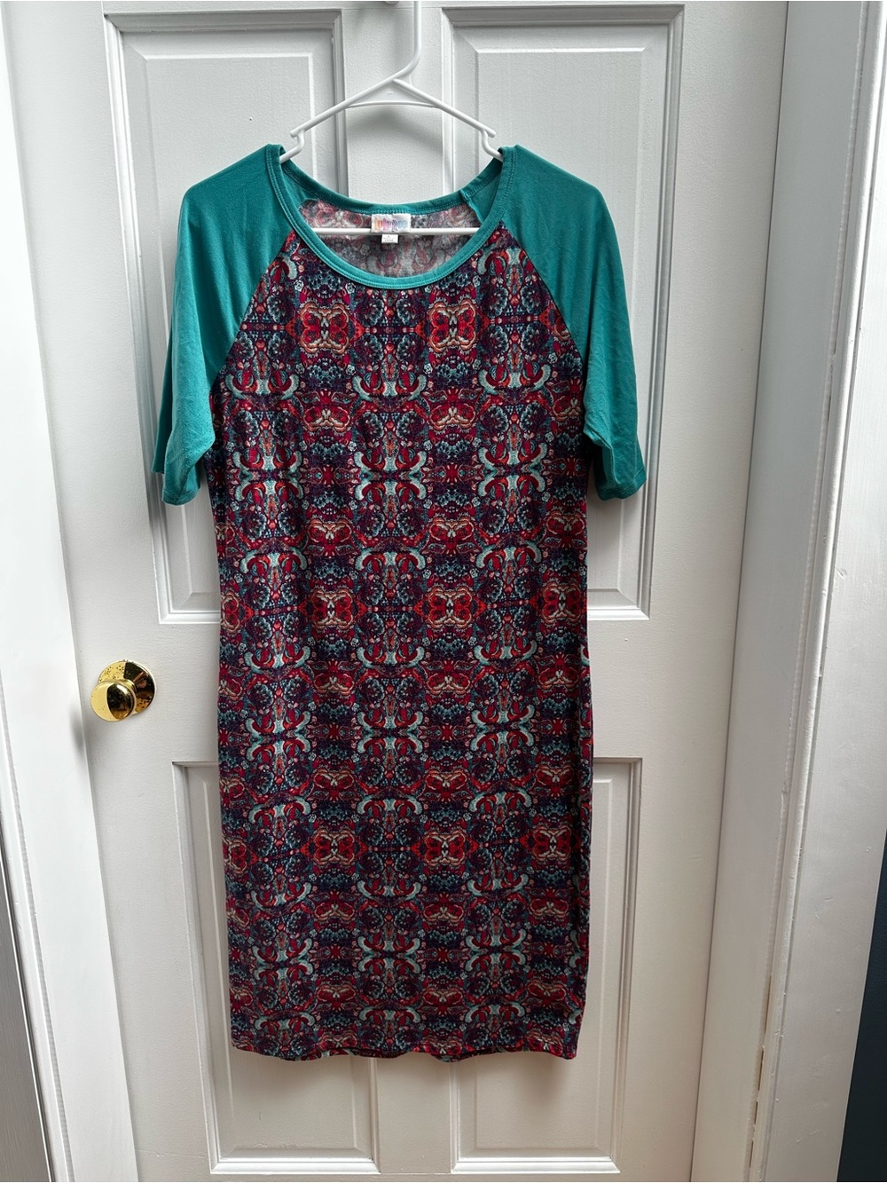 LuLaRoe Teal Sleeve Multi-Pattern Midi Dress